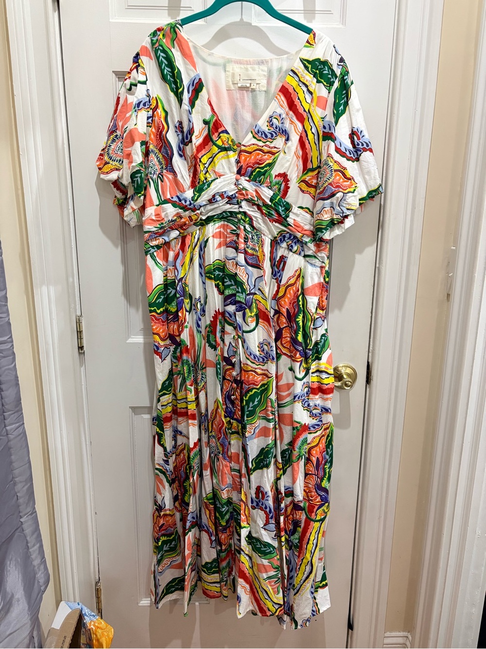 Anthropologie KaterinaWhite Midi Dress with Green, Coral and Yellow Floral Print - Picture 3 of 4
